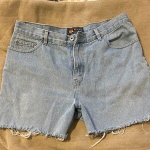 THRIFTED Route 66 Light Blue Frayed Hem Jean Shorts